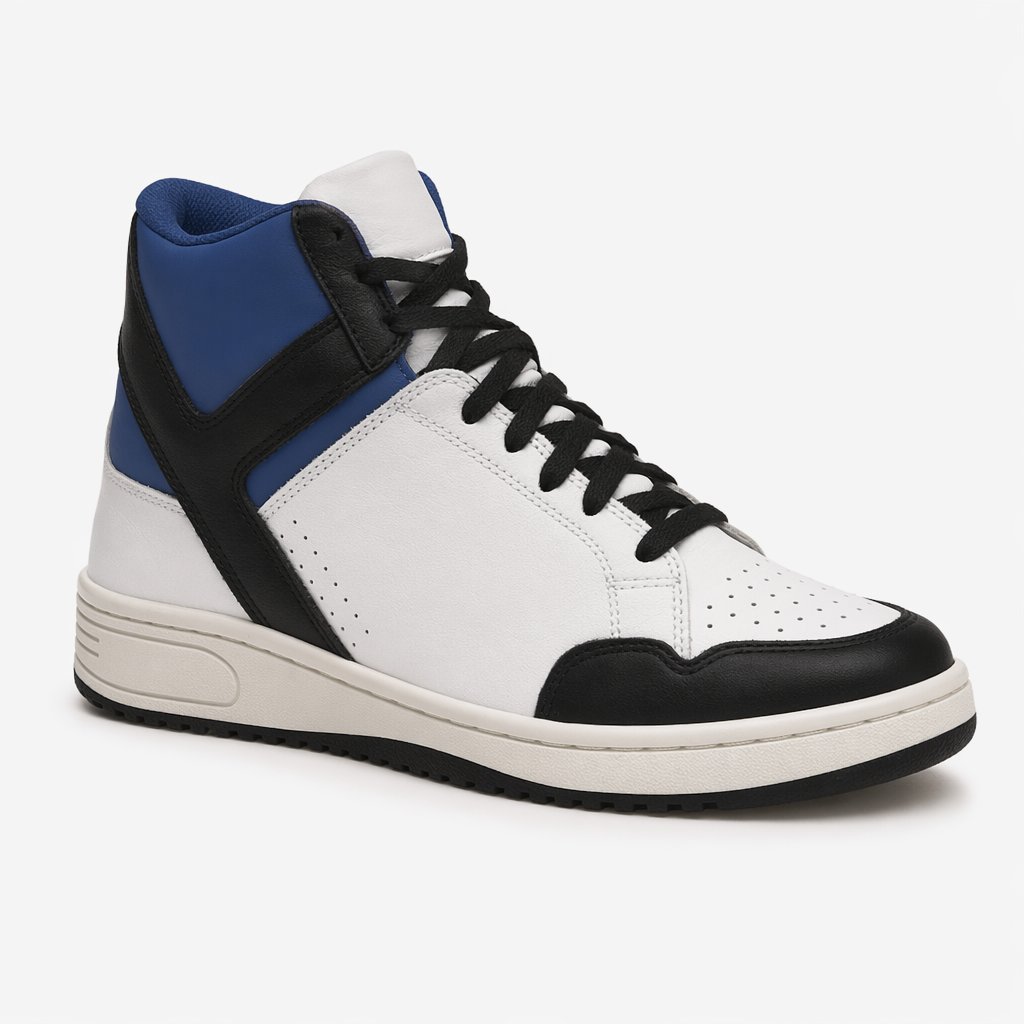 High-Top Leather Basketball Sneaker · White/Royal/Black