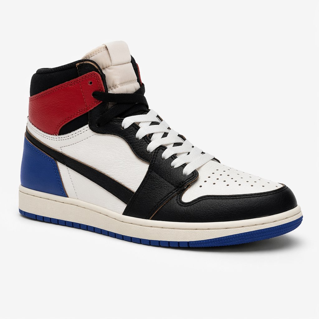 High-Top Leather Basketball Sneaker · Black/White/Red/Blue
