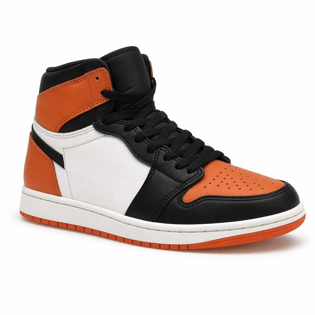 High-Top Leather Basketball Sneaker · Black/Orange/White