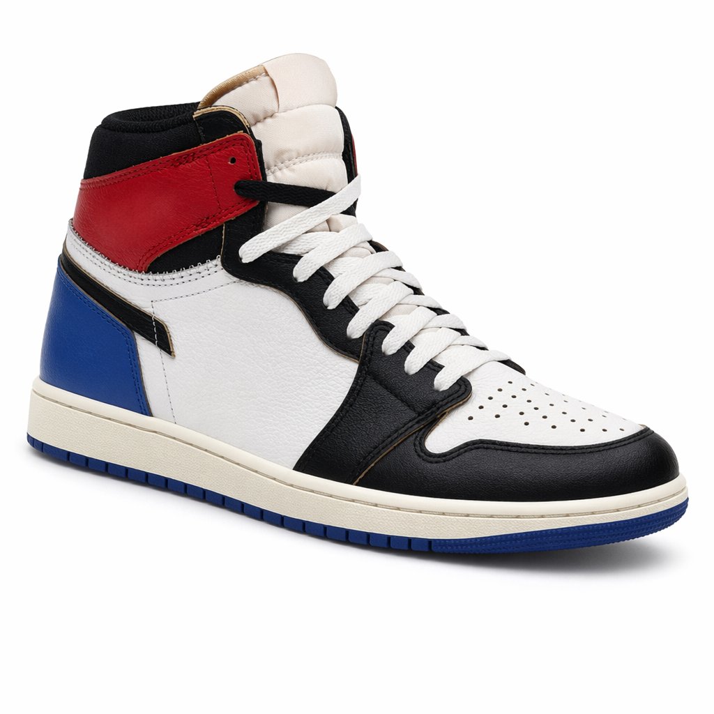 High-Top Leather Basketball Sneaker · Black/White/Red/Blue
