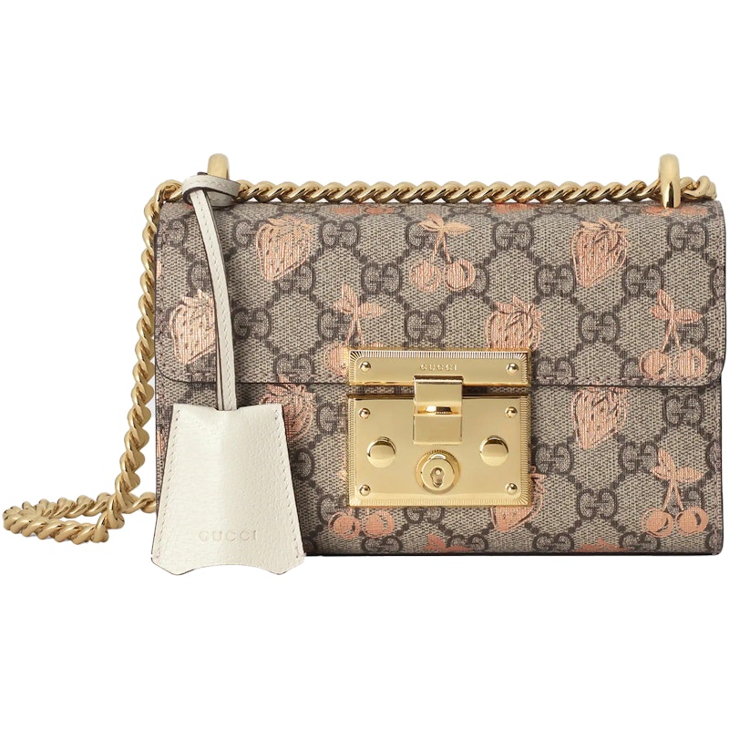 Gucci Padlock Shoulder Bag GG Supreme Strawberry Print Beige/Ebony/Metallic Cherry